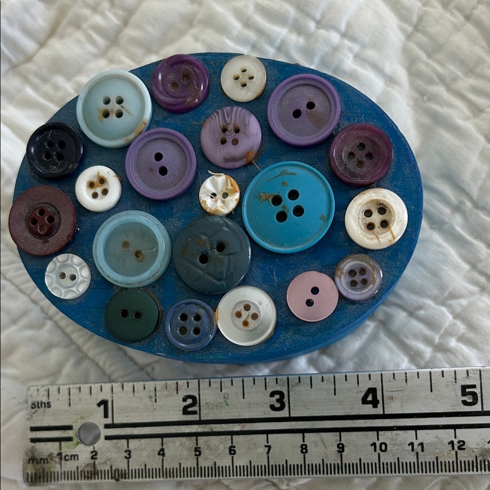 Colorful Button Box for trinkets. Handmade made on Blue Oval Base. Blue tones